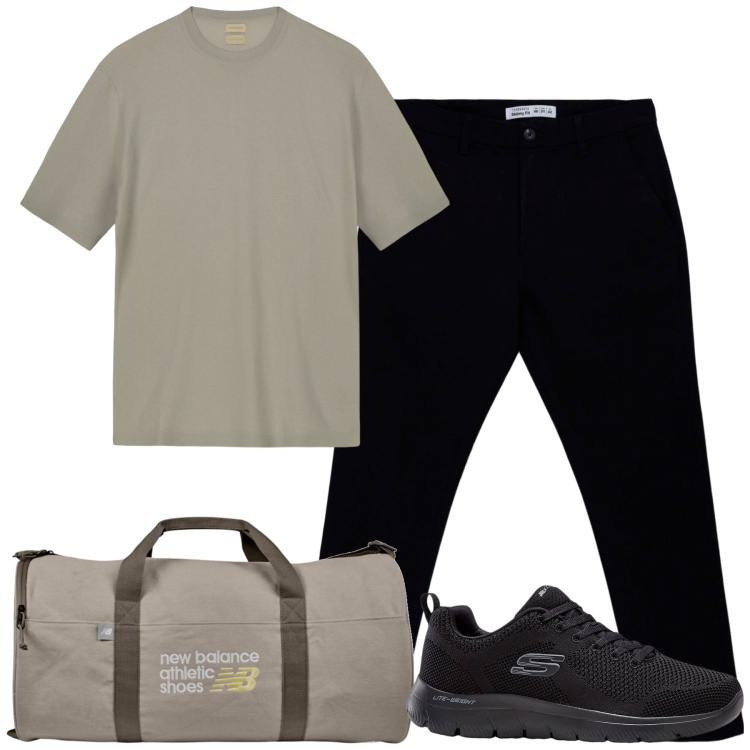 Outfit uomo - City. Stile Urban per Tutti i giorni. Abbinamento con sneakers, pantaloni chino, borse sportive, t-shirt.