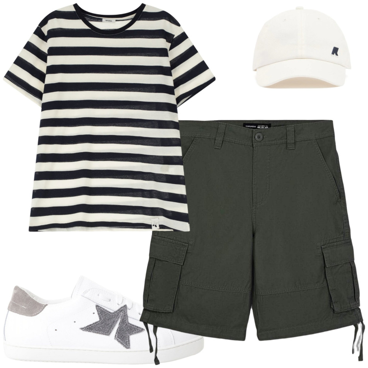 Outfit uomo - Total look #2168061. Stile Casual per Tutti i giorni. Abbinamento con bermuda, sneakers, t-shirt, cappelli.