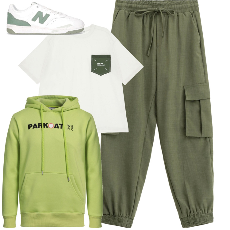 Outfit uomo - Green. Stile Casual per Tutti i giorni. Abbinamento con felpe con cappuccio, t-shirt, pantaloni cargo, sneakers.