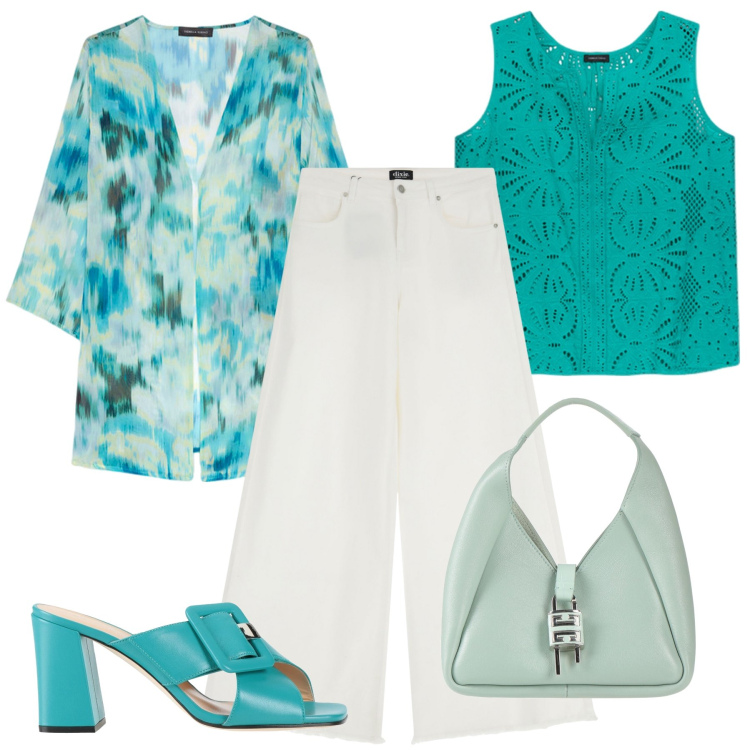 Outfit donna - Verde acqua e jeans bianco. Stile Casual per Serata fuori. Abbinamento con sandali in pelle, borse a mano, jeans, top, blazer.