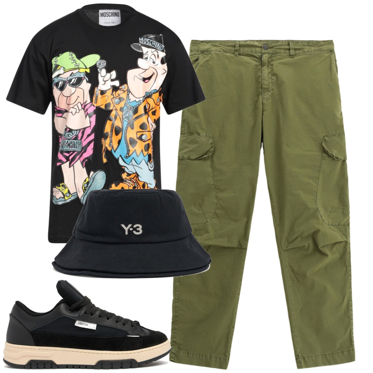 Outfit uomo - Moschino. Stile Casual per Tutti i giorni. Abbinamento con t-shirt, pantaloni cargo, sneakers, cappelli.