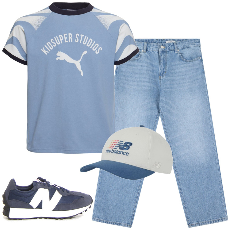 Outfit uomo - Maggio. Stile Casual per Tutti i giorni. Abbinamento con cappelli, jeans, t-shirt, sneakers.