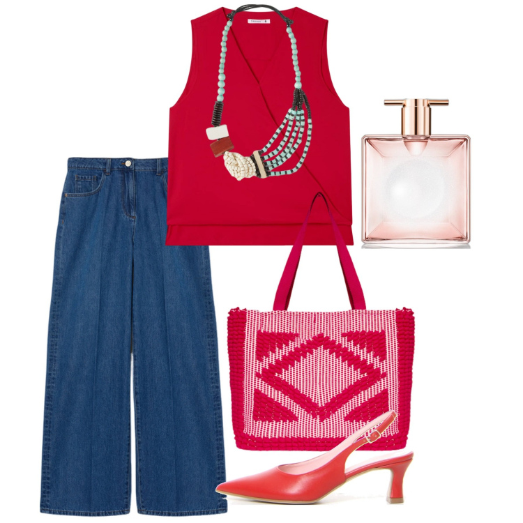 Outfit donna - Qualcosa di etnico. Stile Casual chic per Tutti i giorni. Abbinamento con profumi, bluse, borse a mano, décolleté, jeans, collane.