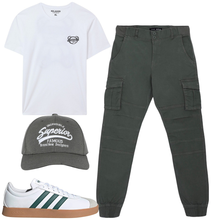 Outfit uomo - City. Stile Casual per Tutti i giorni. Abbinamento con cappelli con visiera, pantaloni cargo, t-shirt, sneakers.