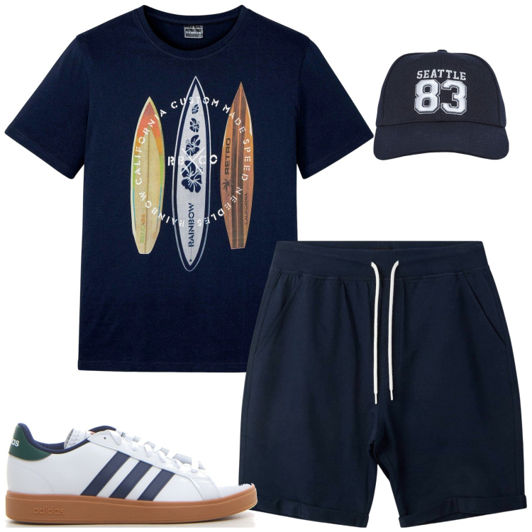 Outfit uomo - Easy. Stile Casual per Tutti i giorni. Abbinamento con t-shirt, cappelli, pantaloni corti, sneakers.