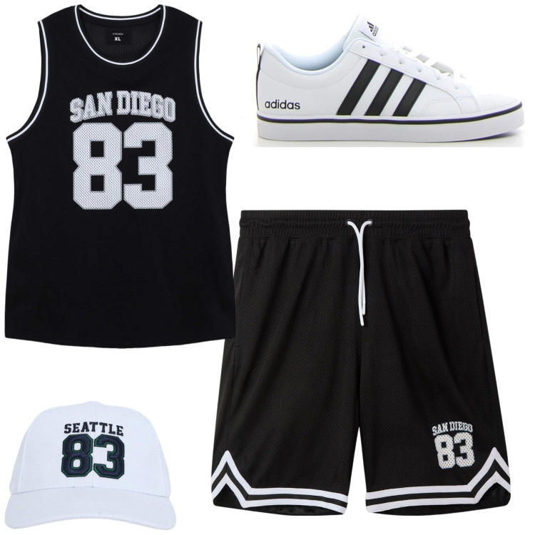 Outfit uomo - Sporty. Stile Casual per Sport. Abbinamento con bermuda, pantaloncini sportivi, cappelli, t-shirt sportive, sneakers.