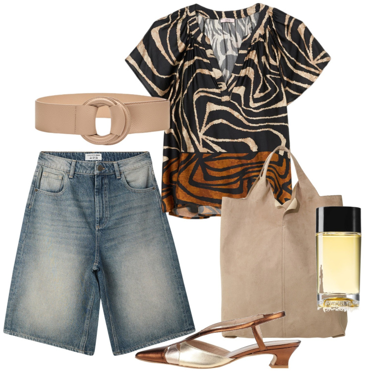 Outfit donna - Elementi chic. Stile Casual chic per Tutti i giorni. Abbinamento con décolleté, profumi, bermuda, shopping bag, bluse, cinture.