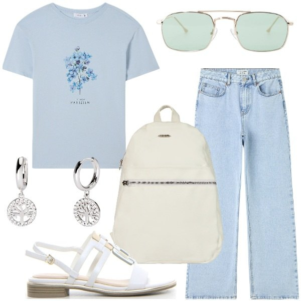 Outfit donna - Una t-shirt per amica casual. Stile Casual chic per Tutti i giorni. Abbinamento con jeans, t-shirt, orecchini, occhiali da sole, zaini, sandali.