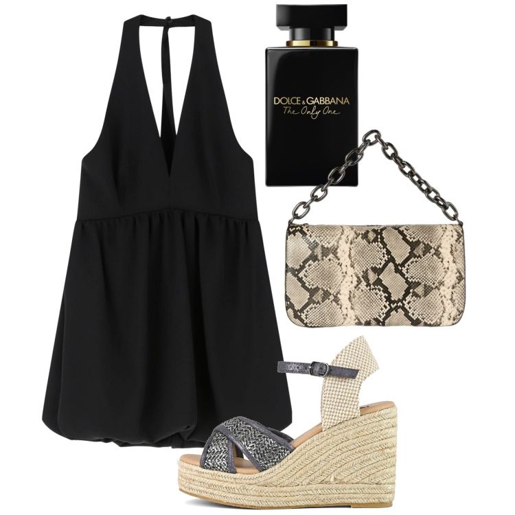 Outfit donna - Nero giorno. Stile Chic per Tutti i giorni. Abbinamento con profumi, vestiti corti, zeppe, borse a tracolla.
