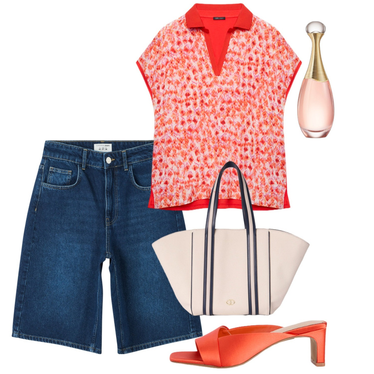 Outfit donna - Maggio. Stile Casual chic per Tutti i giorni. Abbinamento con profumi, bermuda, bluse, shopping bag, sabot.