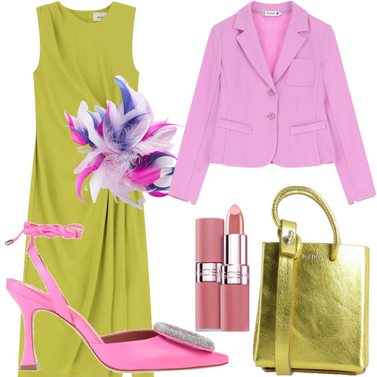 Outfit donna - Pronta per il party. Stile Glamour per Cerimonia. Abbinamento con décolleté, borse a spalla, rossetti, blazer, vestiti midi/longuette, accessori per capelli.