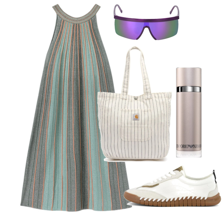 Outfit donna - Ampio e fresco. Stile Basic per Tutti i giorni. Abbinamento con profumi, sneakers, vestiti corti, borse tote, occhiali da sole.