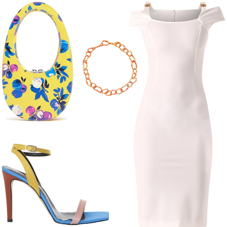 Outfit donna - Accessori glam. Stile Glamour per Cerimonia. Abbinamento con collane, vestiti a tubino, sandali col tacco, borse a mano.