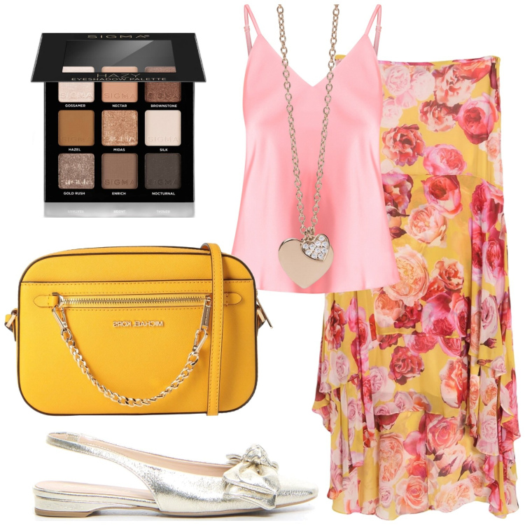 Outfit donna - festa di compleanno. Stile Casual chic per Tutti i giorni. Abbinamento con gonne longuette, borse a tracolla, ombretti, ciondoli, top, sandali in pelle.
