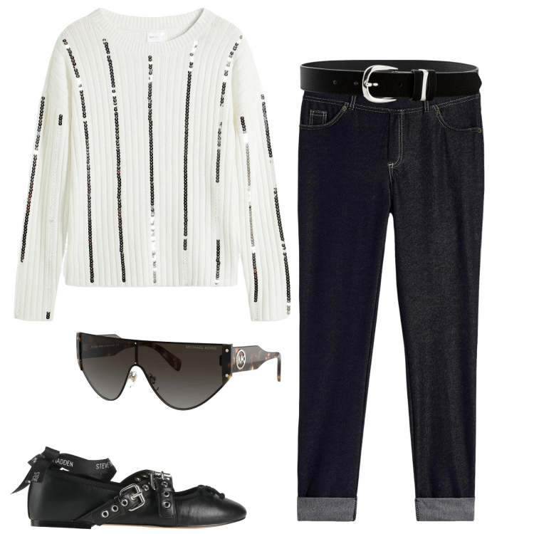 Outfit donna - Maglia bianca con dettagli in strass. Stile Casual per Tutti i giorni. Abbinamento con cinture, jeggings, maglieria, occhiali da sole, ballerine.