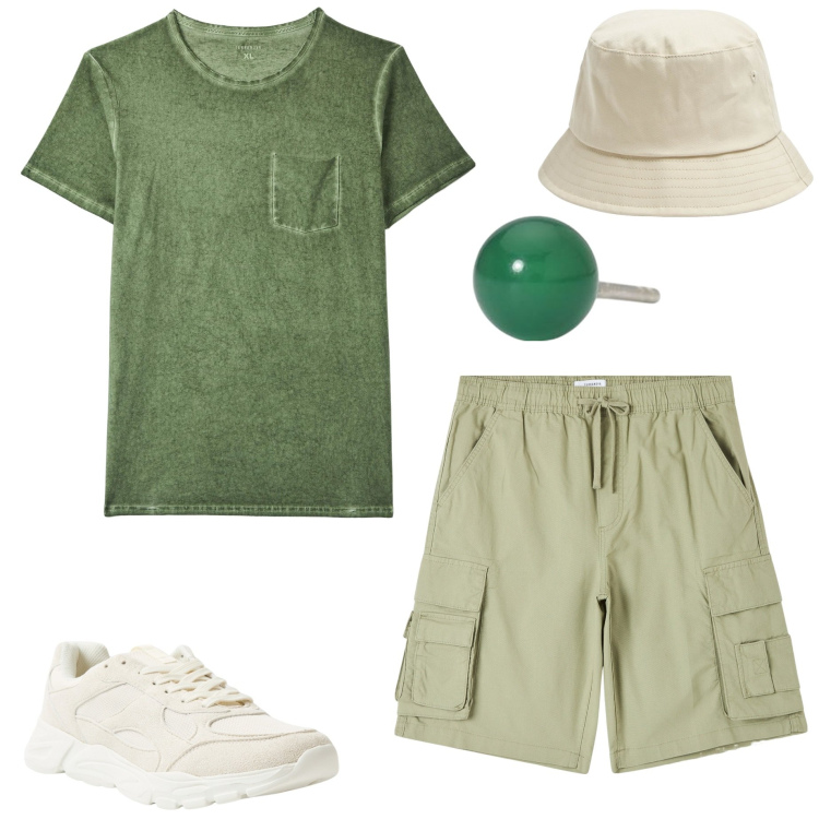 Outfit uomo - Inizia la stagione dei bermuda. Stile Casual per Tutti i giorni. Abbinamento con cappelli, pantaloni corti, t-shirt, sneakers, orecchini.
