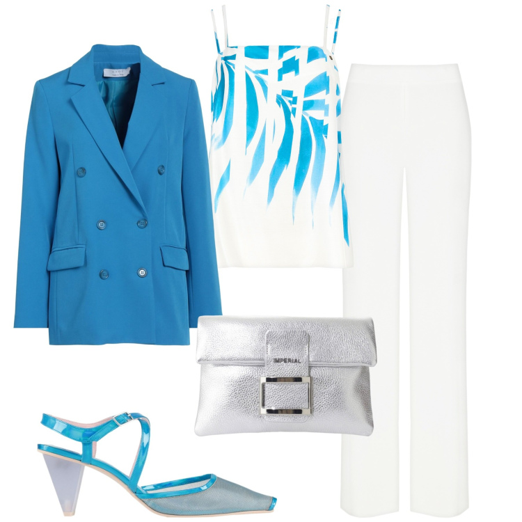 Outfit donna - Battesimo. Stile Chic per Cerimonia. Abbinamento con blazer, décolleté, pantaloni a palazzo, top, pochette.