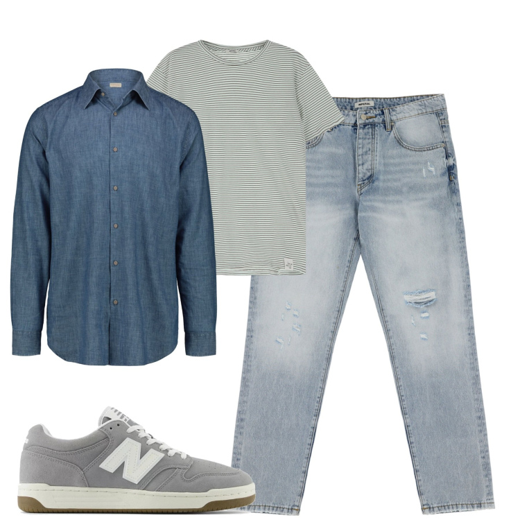 Outfit uomo - City. Stile Casual per Tutti i giorni. Abbinamento con sneakers, jeans strappati, t-shirt, camicie.