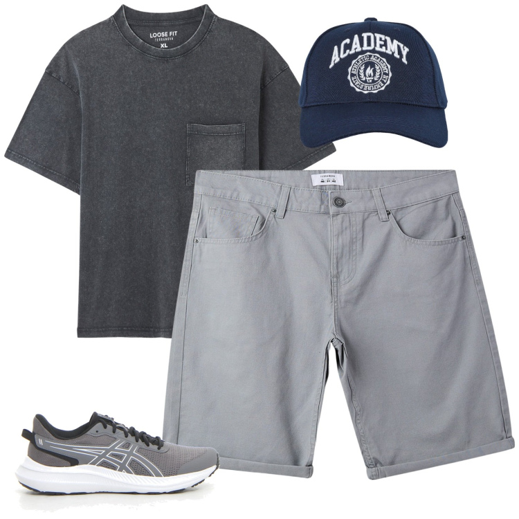 Outfit uomo - Total look #2168160. Stile Casual per Tutti i giorni. Abbinamento con cappelli con visiera, t-shirt, bermuda, scarpe sportive.