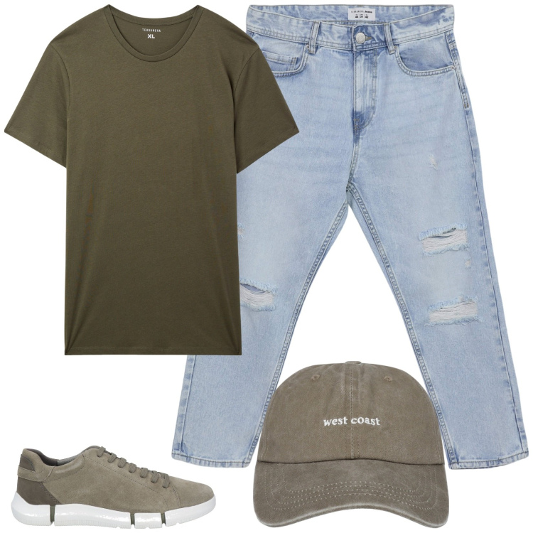 Outfit uomo - Viaggio in treno. Stile Casual per Tutti i giorni. Abbinamento con sneakers, cappelli, t-shirt, jeans strappati.