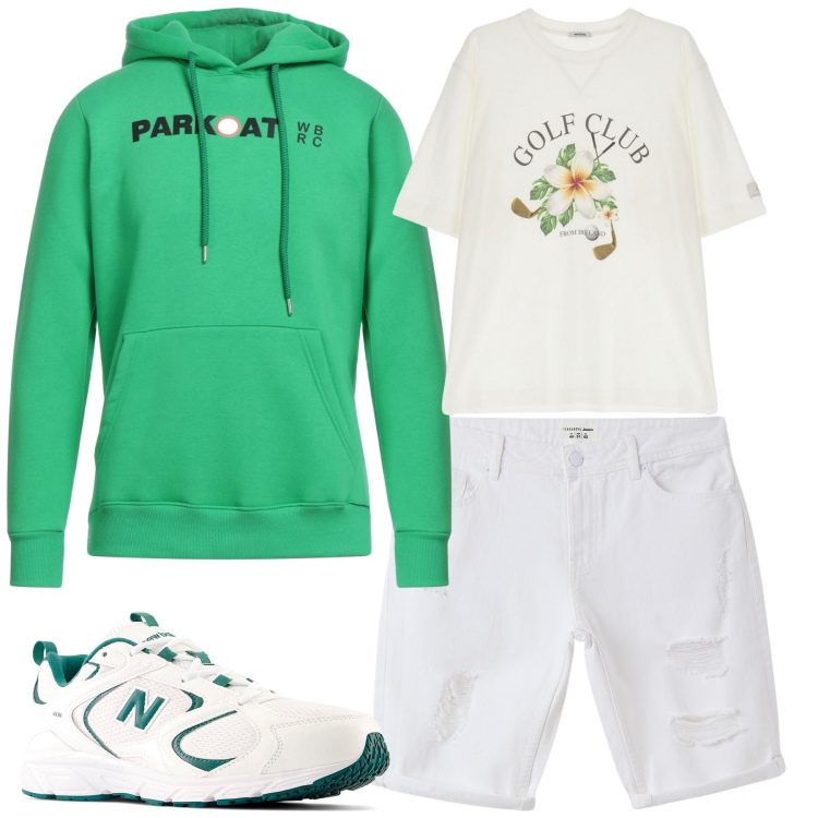 Outfit uomo - City. Stile Casual per Tutti i giorni. Abbinamento con felpe con cappuccio, bermuda, t-shirt, sneakers.