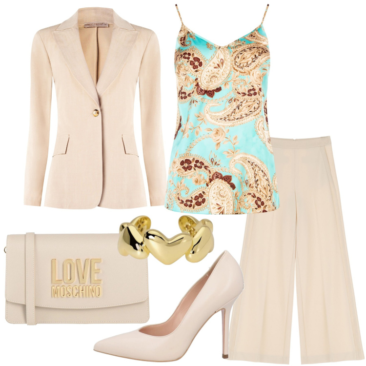 Outfit donna - Look invitata perfetta. Stile Chic per Cerimonia. Abbinamento con borse a tracolla, décolleté, pantaloni a palazzo, anelli, top, blazer.