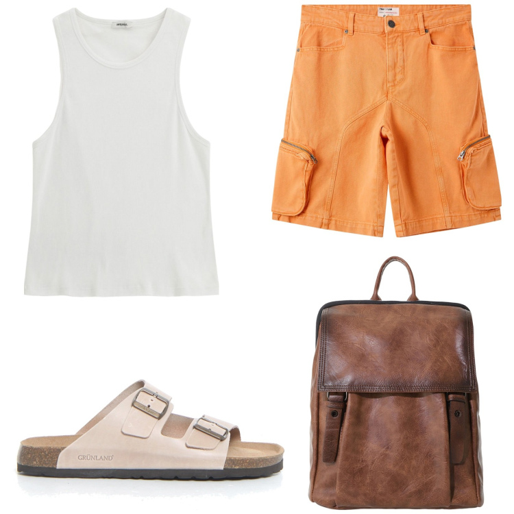 Outfit uomo - Smart working. Stile Casual per Tutti i giorni. Abbinamento con pantaloni corti, borse sportive, canottiere, sandali.