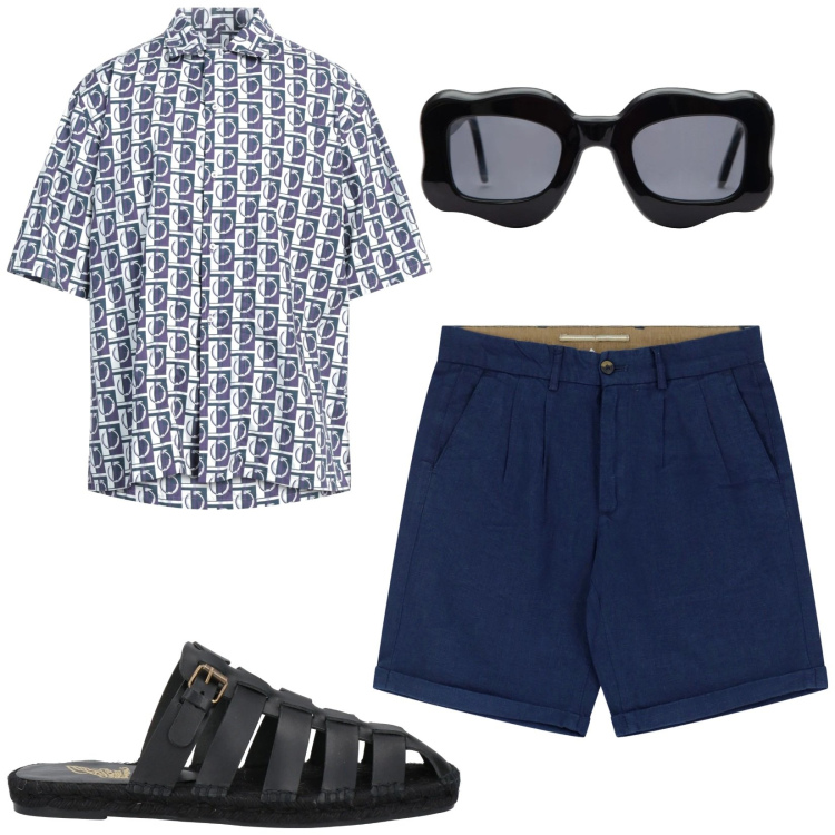 Outfit uomo - Trendy. Stile Trendy per Serata speciale. Abbinamento con camicie a manica corta, espadrillas, bermuda, occhiali da sole.