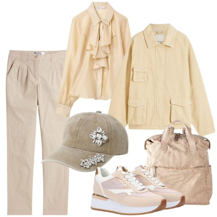 Outfit donna - Le spille sul cappello. Stile Sporty chic per Tutti i giorni. Abbinamento con blazer, pantaloni chino, zaini, camicie, cappelli, sneakers.