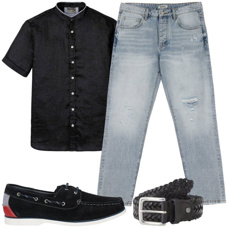 Outfit uomo - Ispirazione di primavera. Stile Urban per Serata speciale. Abbinamento con camicie a manica corta, scarpe stringate, jeans strappati, cinture.