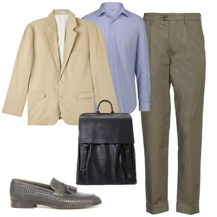 Outfit uomo - In ufficio. Stile Urban per Ufficio. Abbinamento con pantaloni, giacche, borse sportive, camicie, scarpe stringate.