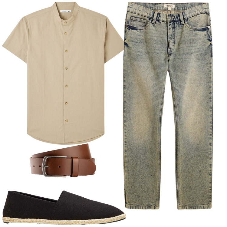 Outfit uomo - Piccoli prezzi per un Total look. Stile Casual per Tutti i giorni. Abbinamento con espadrillas, cinture, jeans dritti, camicie a manica corta.
