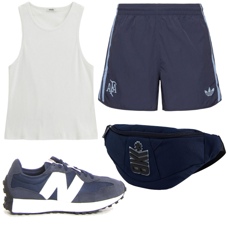 Outfit uomo - Corsa al parco. Stile Casual per Sport. Abbinamento con borse sportive, canottiere, sneakers, shorts.