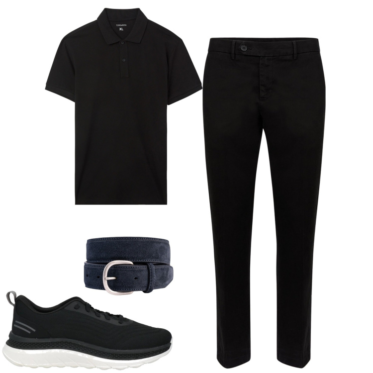 Outfit uomo - Total black. Stile Urban per Tutti i giorni. Abbinamento con sneakers, polo, pantaloni chino, cinture.