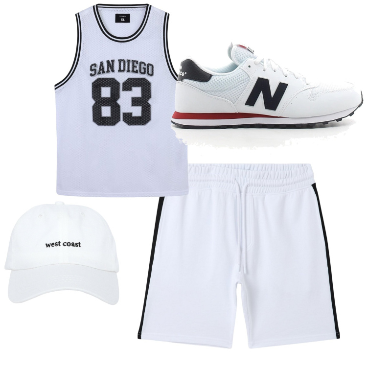 Outfit uomo - White sporty. Stile Casual per Sport. Abbinamento con pantaloni corti, cappelli, t-shirt sportive, sneakers.