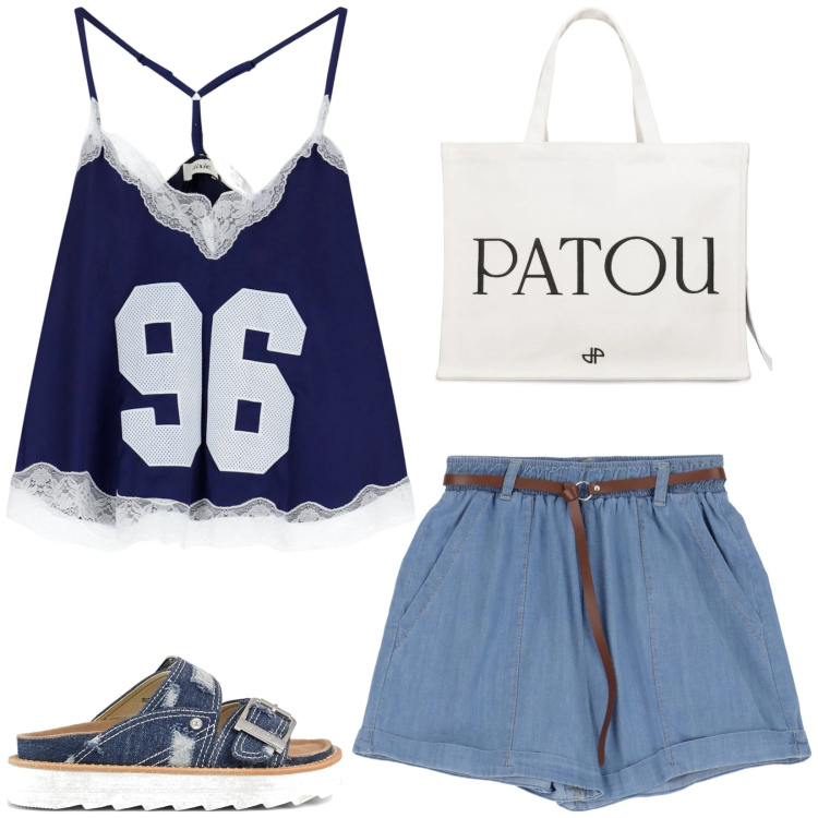 Outfit donna - Shopping sul lungomare. Stile Casual per Tutti i giorni. Abbinamento con shorts, top, sandali, shopping bag.
