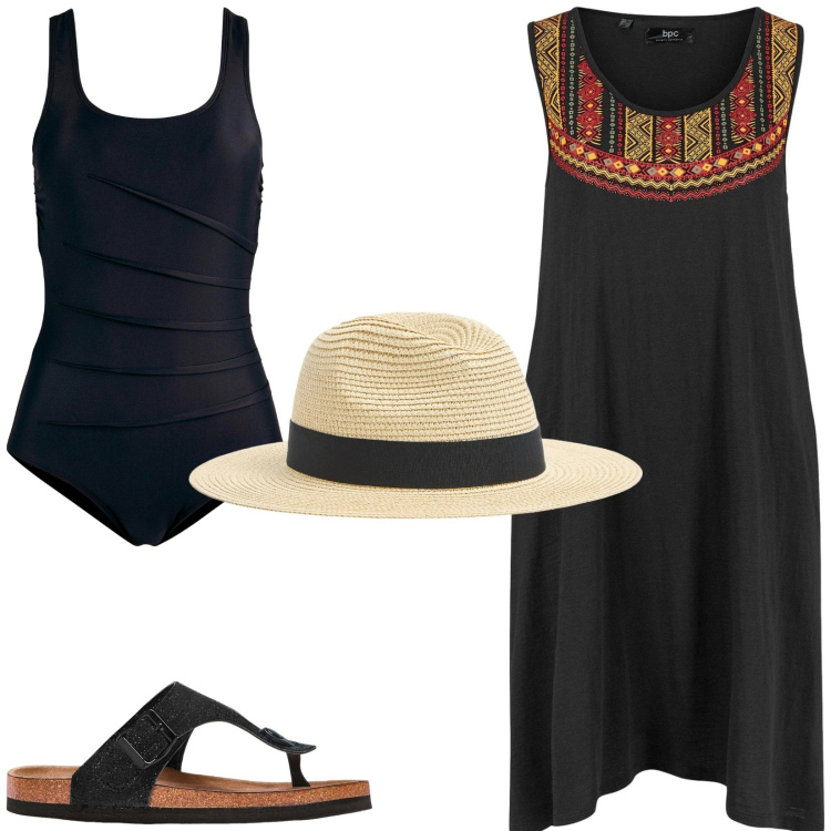 Outfit donna - Mare. Stile Casual per Mare. Abbinamento con vestiti senza maniche, costumi interi, infradito, cappelli.