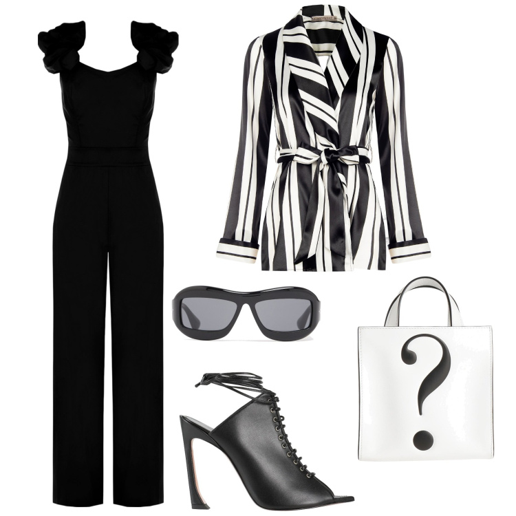 Outfit donna - Tuta nera, giacca a righe, accessori. Stile Casual chic per Serata fuori. Abbinamento con sandali col tacco, borse a mano, blazer, tute, occhiali da sole.