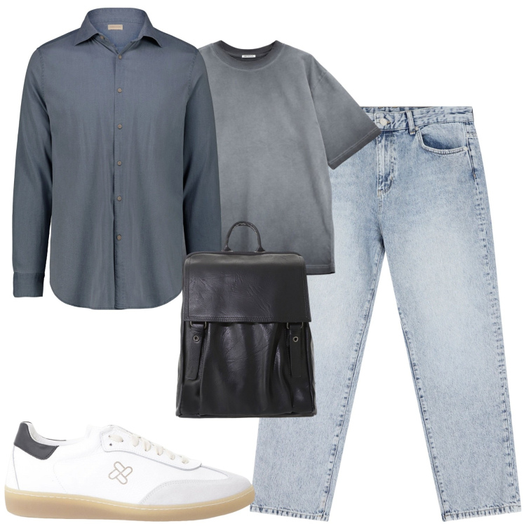 Outfit uomo - Total look #2168235. Stile Urban per Tutti i giorni. Abbinamento con sneakers, jeans dritti, t-shirt, borse sportive, camicie.