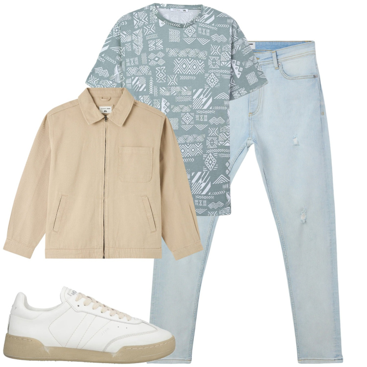 Outfit uomo - City. Stile Casual per Tutti i giorni. Abbinamento con sneakers, giacche, jeans strappati, t-shirt.