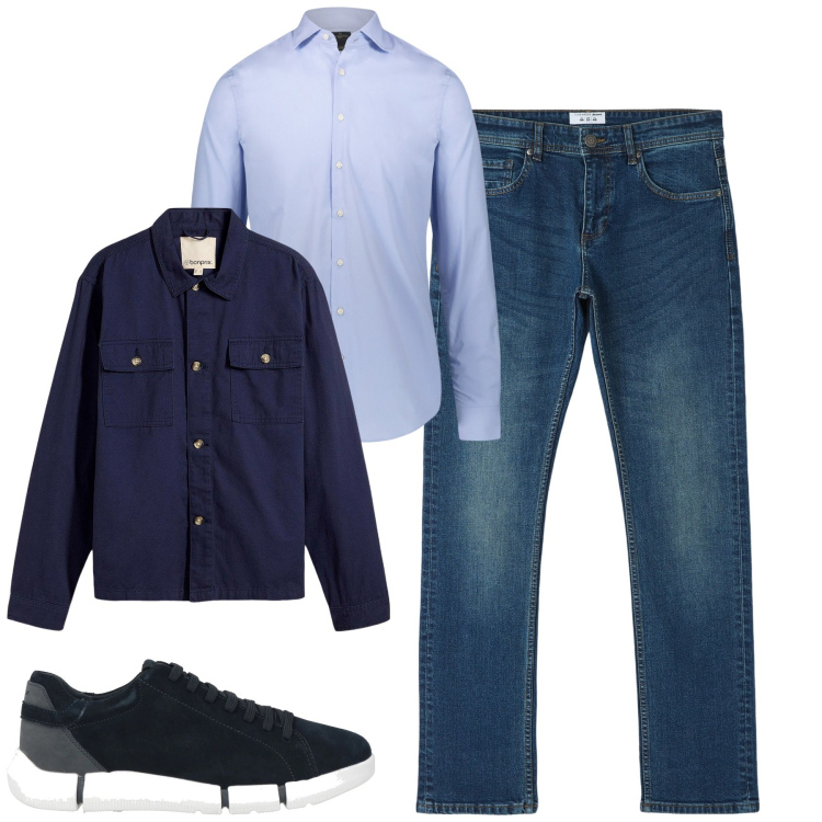 Outfit uomo - City. Stile Urban per Tutti i giorni. Abbinamento con giacche, sneakers, jeans dritti, camicie.