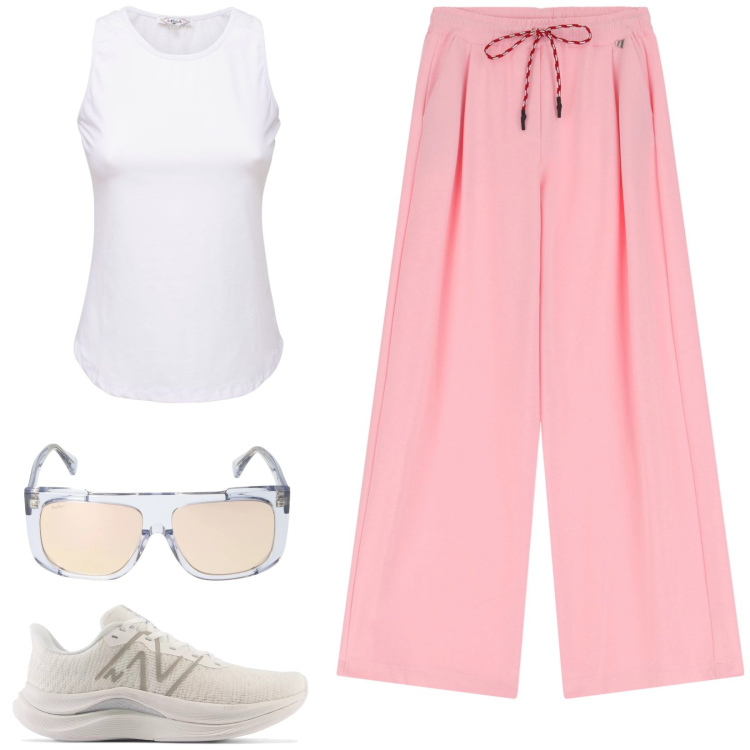 Outfit donna - Dinamica. Stile Casual per Sport. Abbinamento con scarpe sportive, pantaloni sportivi, canottiere, occhiali da sole.