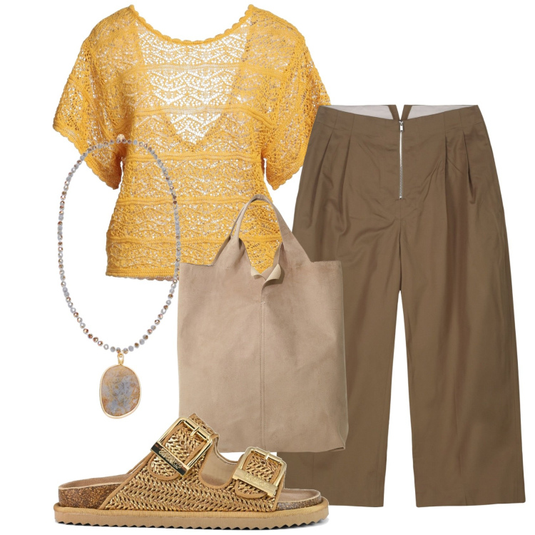 Outfit donna - Street wear. Stile Casual per Tutti i giorni. Abbinamento con pullovers, shopping bag, sandali, pantaloni, ciondoli.