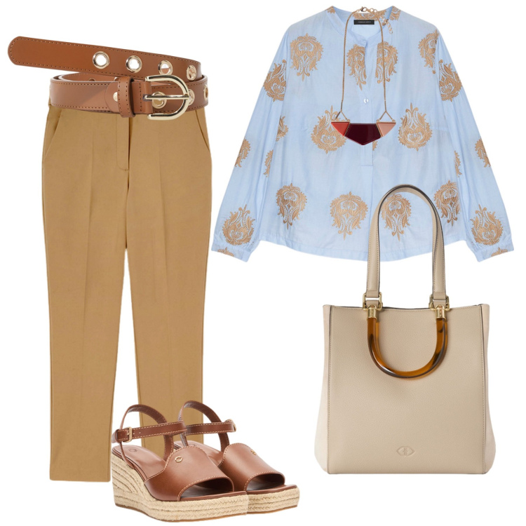 Outfit donna - Pomeriggio. Stile Casual per Tutti i giorni. Abbinamento con cinture, bluse, shopping bag, ciondoli, pantaloni, zeppe.