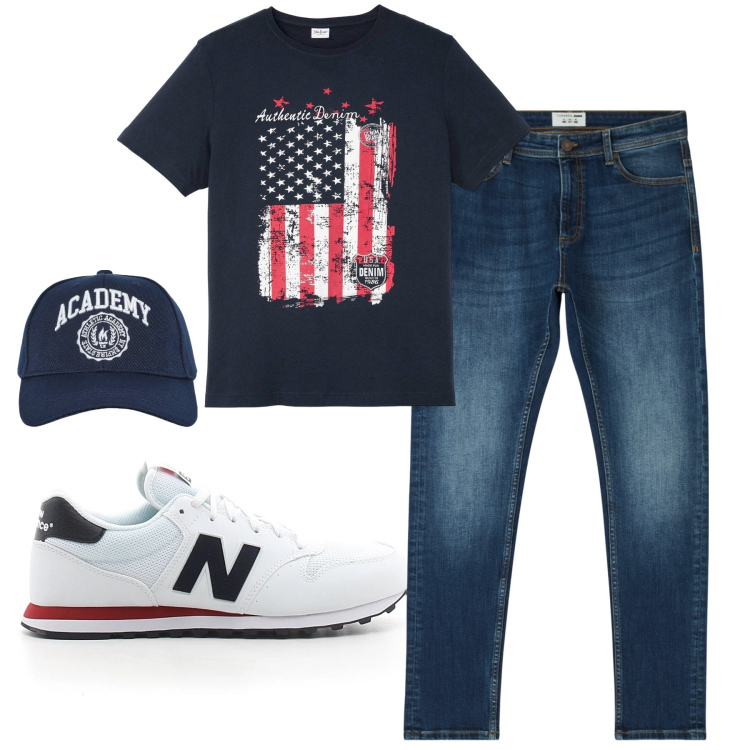 Outfit uomo - City. Stile Casual per Tutti i giorni. Abbinamento con t-shirt, jeans skinny, cappelli con visiera, sneakers.