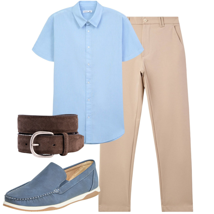 Outfit uomo - City. Stile Urban per Tutti i giorni. Abbinamento con scarpe stringate, pantaloni chino, camicie a manica corta, cinture.