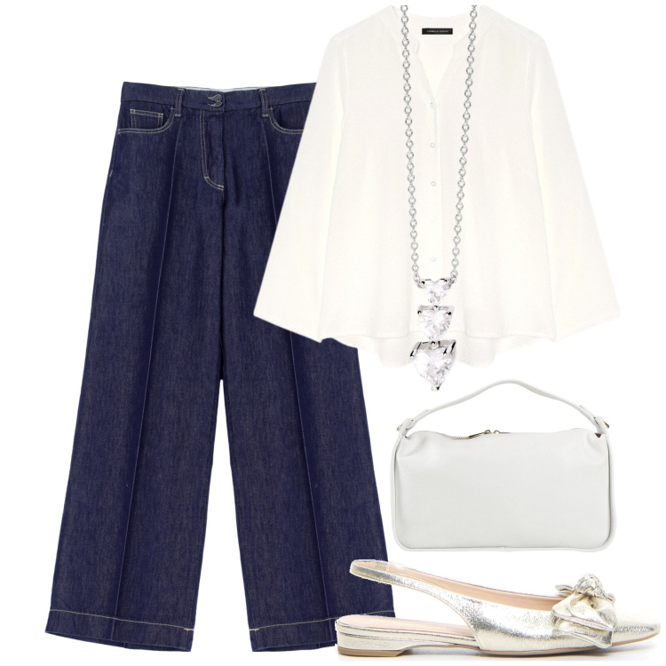 Outfit donna - Slingback argento con fiocchetto. Stile Bon Ton per Tutti i giorni. Abbinamento con borse a mano, collane, jeans, camicie, sandali in pelle.