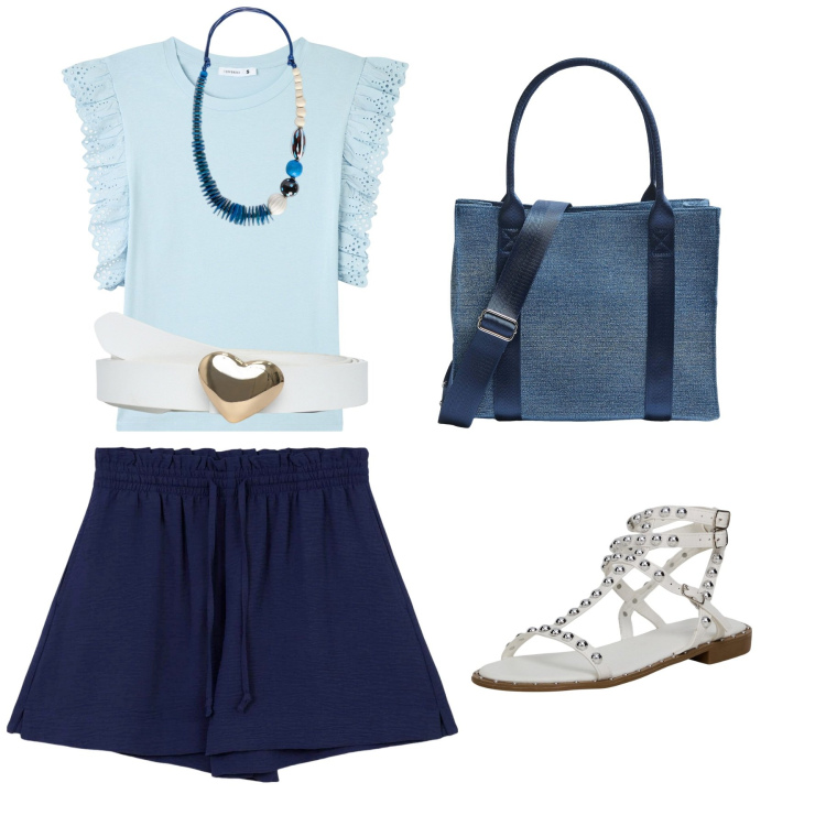 Outfit donna - Total look #2168273. Stile Casual chic per Ufficio. Abbinamento con t-shirt, shorts, shopping bag, sandali, cinture, collane.