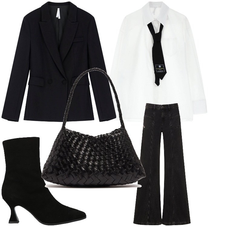 Outfit donna - Mannish girl. Stile Mannish per Ufficio. Abbinamento con stivaletti, camicie, blazer, jeans, borse a spalla.