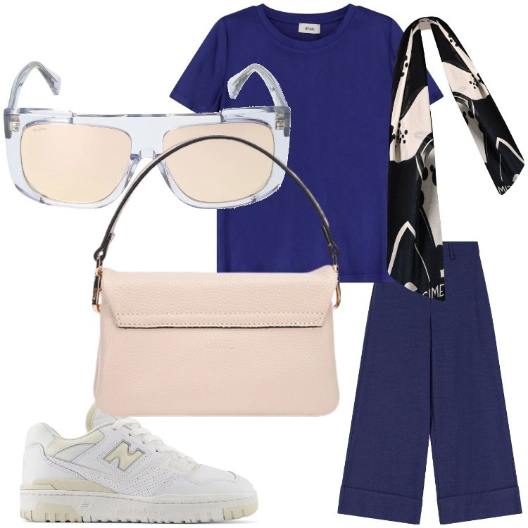 Outfit donna - Accessori. Stile Sporty chic per Tutti i giorni. Abbinamento con pantaloni a palazzo, t-shirt, sneakers, sciarpe, occhiali da sole, borse a tracolla.